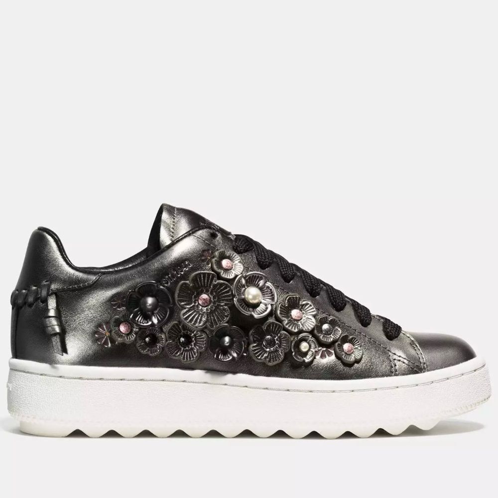 Coach Tea Rose Floral Embellished Metallic Leather Sneakers womens shoe size 9 B - Picture 2 of 13